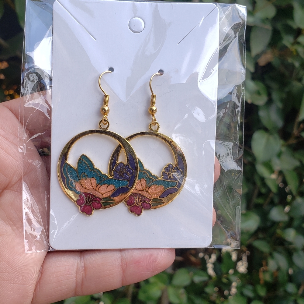 Enamel butterfly red/blue flower dangle earrings - Picture 1 of 2